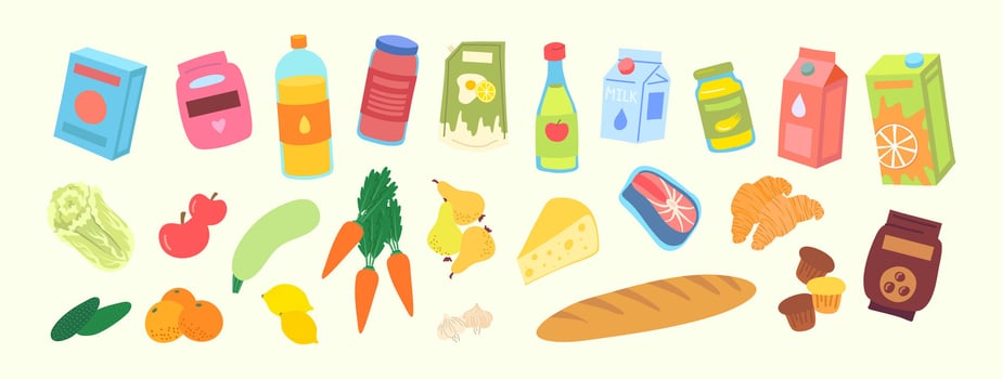 Colorful food items for healthy eating vector