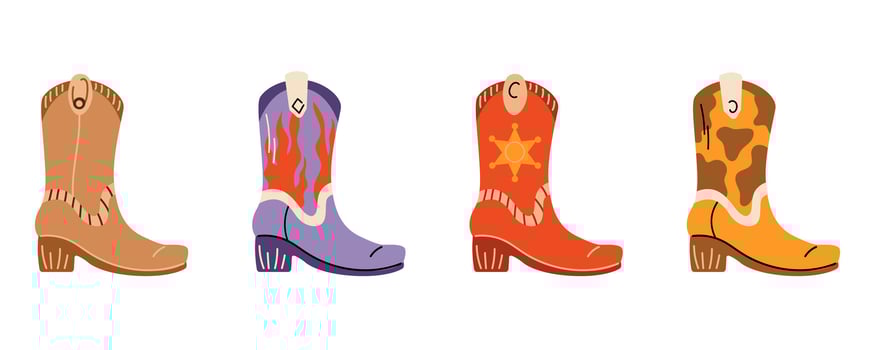 Wild West set. Collection of groovy cute funky hippie boho illustration elements of cowboy shoes. Western stickers vector