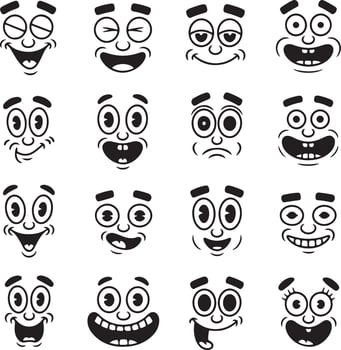 Sixteen Black and White Cartoon Faces Showing Diverse Expressions Happy Surprised Winking Silly Grinning Wide Eyed Smiling Silhouette Style vector