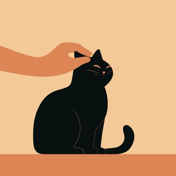 Flat design cat petted by human hand minimalist illustration solid warm background for International Cat Day vector