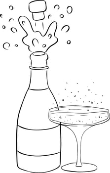 Champagne bottle with glass black and white composition isolated. graphic line ink illustration. pop open with cork and drinking glass simple Design for package, cosmetic, textile, cards. vector