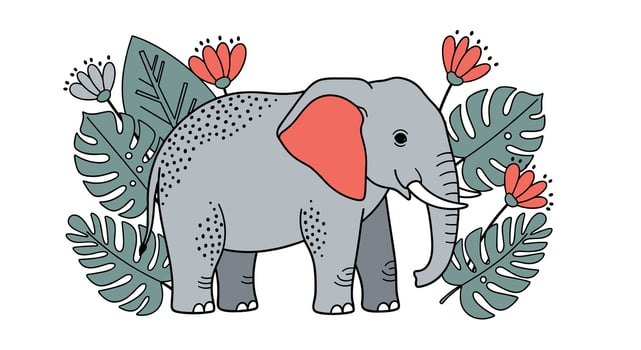 Elephant Surrounded by Exotic Floral and Foliage Rendered in Delicate Style vector