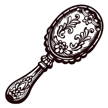 Floral ornate vintage hand mirror illustration with intricate decorative patterns and delicate engraving design vector