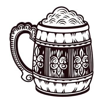Vintage hand drawn beer mug filled with frothy foam, detailed ornate engraving, retro illustration vector