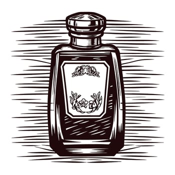 Hand drawn perfume bottle with ornate decorative label vintage etching isolated on white background vector