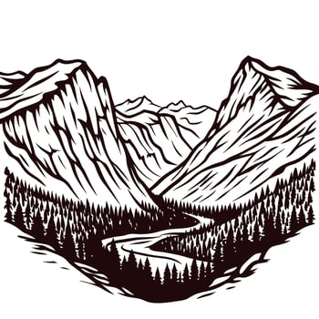 Mountainous landscape with forest and river in a scenic valley view vector