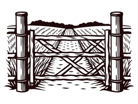 Rustic wooden farm gate in countryside field with distant horizon, vintage engraved illustration vector