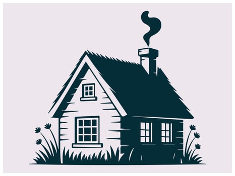 Countryside Cottage House Silhouette with Wildflowers and Smokestack vector
