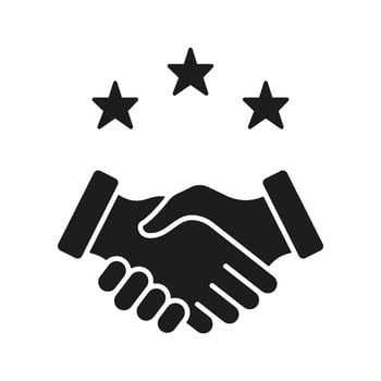 Handshake With Stars Solid Icon. Business Partnership, Trust, And Quality Assurance Silhouette Symbol. Professional Collaboration And Excellence. Isolated Illustration vector