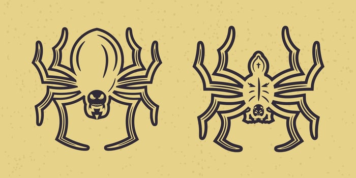 Illustration of two spooky cartoon spiders with creepy faces. Halloween design on retro textured background. vector