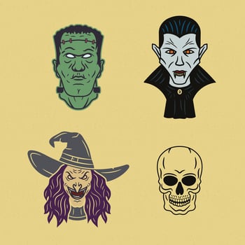 Vintage Halloween set with Frankenstein, vampire, witch, and skeleton characters. Isolated colorful illustrations perfect for posters, stickers, logos, and seasonal designs. vector