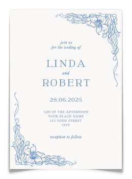 Minimalist wedding invitation card with blue floral line art frame. Marriage invite postcard template with whimsical elegant hand drawn lily floral wreath. Toile de jouy concept. illustration vector