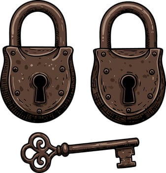 Vintage rusty iron padlocks and antique key illustration for security and protection design vector