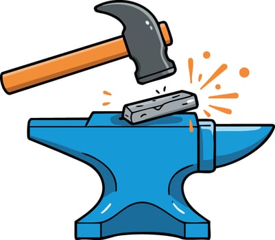 Hammer hitting metal on blue anvil with sparks illustration vector