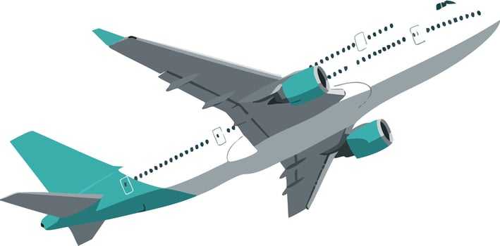 Commercial airplane flying in clear sky with teal accents illustration vector