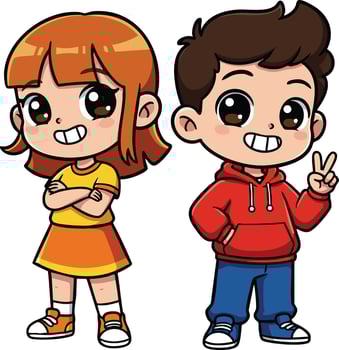 Cartoon children boy and girl smiling and posing in casual colorful clothes illustration vector