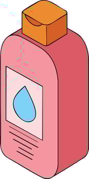 Pink and orange plastic bottle with water drop label isometric illustration for hygiene and cleaning products packaging design vector