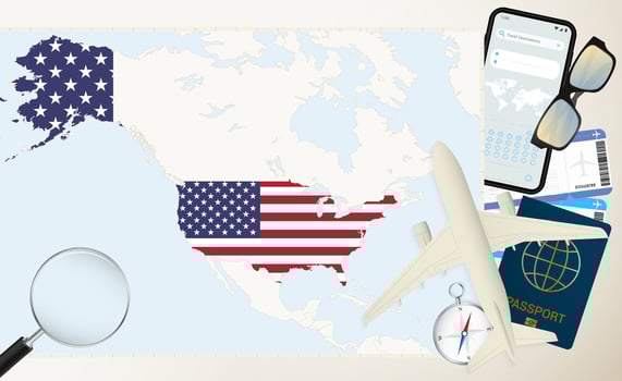 USA map and flag, cargo plane on the detailed map of USA with flag. vector