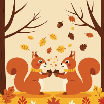 Two playful squirrels holding acorns with falling autumn leaves in forest landscape with bare trees and warm colors illustration vector