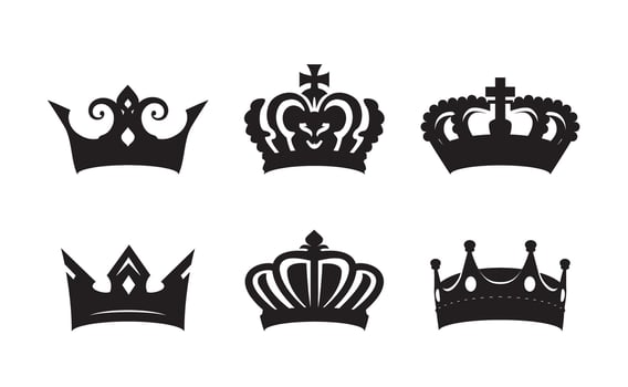 Collection of black king crowns. Outline Icons isolated vector