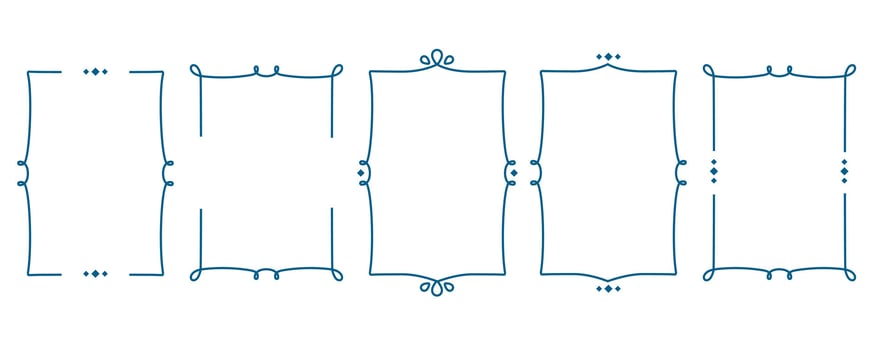 Set of vertical vintage frames isolated. Doodle Hand drawn line art border for text. Blue classic simple frame template. illustration for menu, stamp, wedding invitation, birthday card vector