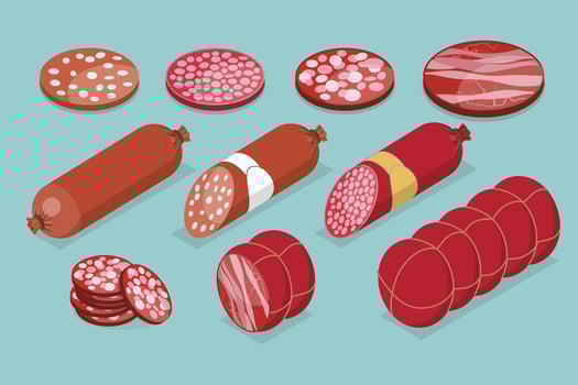 3D Isometric Flat Set of Sausages and Meat Products, Butcher Store Production vector