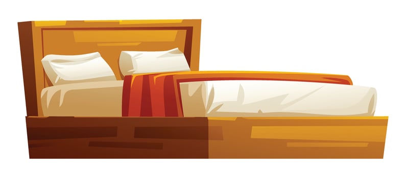 Wooden bed with a white mattress, orange blanket, and pillows for a cozy bedroom. Cartoon illustration vector