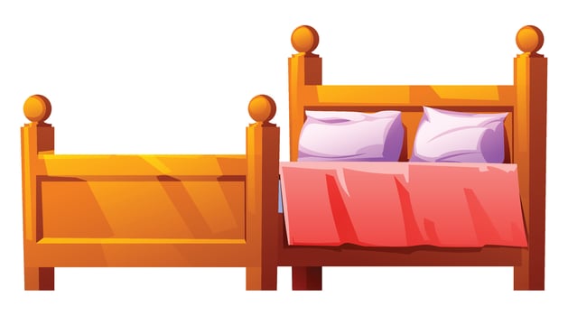 Classic wooden bed with pink blanket and purple pillows, ready for a cozy sleep. Cartoon illustration vector