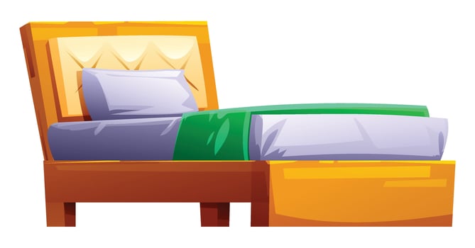 Elegant wooden bed with a high headboard, mattress, and blanket, for a luxurious bedroom. Cartoon illustration vector