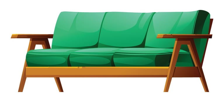Mid-century modern green sofa with wooden frame, ideal for a contemporary living room. Cartoon illustration vector