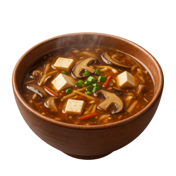 Hot and Sour Soup in a Wooden Bowl with Fresh Ingredients png