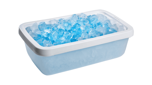 Ice storage container with blue frozen cubes for drinks and culinary use png