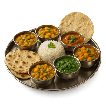Traditional Indian Thali with Rice, Dals, and Flatbreads on Platter png