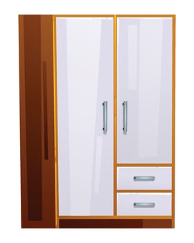 Modern wooden cupboard with white doors and drawers, perfect for a contemporary bedroom or hallway. Cartoon illustration vector