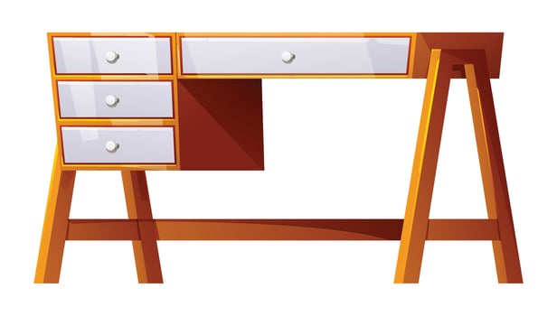 Wooden desk with multiple white drawers, an office or study table isolated on a white background. Cartoon illustration vector
