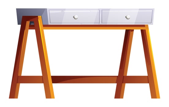 Modern white top desk with two drawers on wooden legs, suitable for a contemporary office. Cartoon illustration vector