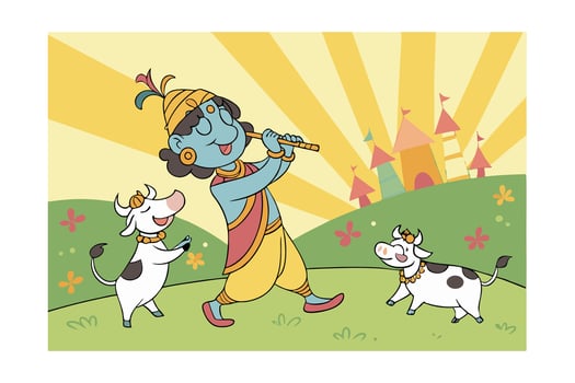 Krishna Plays Flute with Cows in Idyllic Pastoral Scene vector