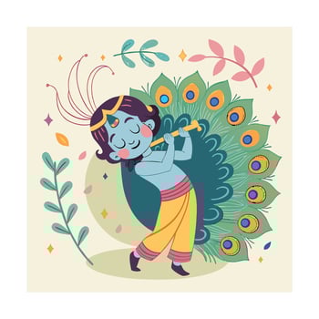 Adorable Krishna Flute Playing Peacock Feathers Festive Illustration vector