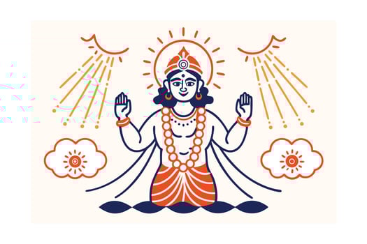 Hindu Deity Surya, Sun God, Divine, Light, Rays, Clouds, Celestial, Spiritual, Art vector