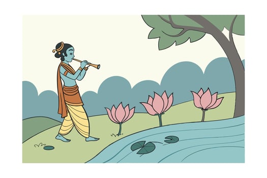 Krishna Plays Flute by River, Pink Lotuses Bloom, Idyllic Scene vector
