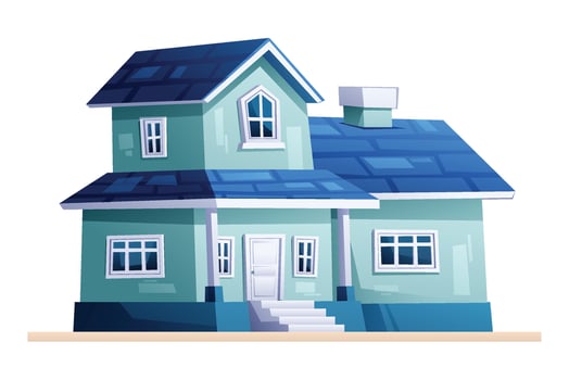 Charming residential house with a blue roof, a cozy suburban family home. Cartoon illustration vector