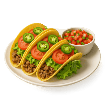 Delicious Beef Tacos with Fresh Vegetables and Salsa Garnish png