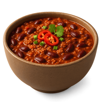 Spicy Chili Bowl with Red Beans and Fresh Garnish in Simple Design png