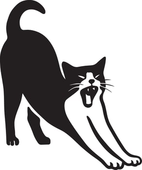 Cat stretching and yawning silhouette black, Relaxed feline pose black and white vector