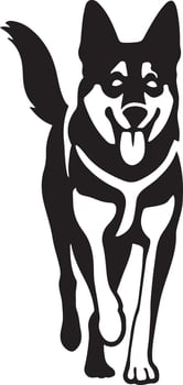 Happy husky silhouette walking pose, Energetic dog black white movement art vector