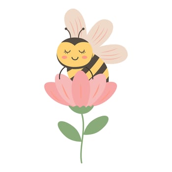 Cute bee sits in a flower. illustration isolated on white background. vector