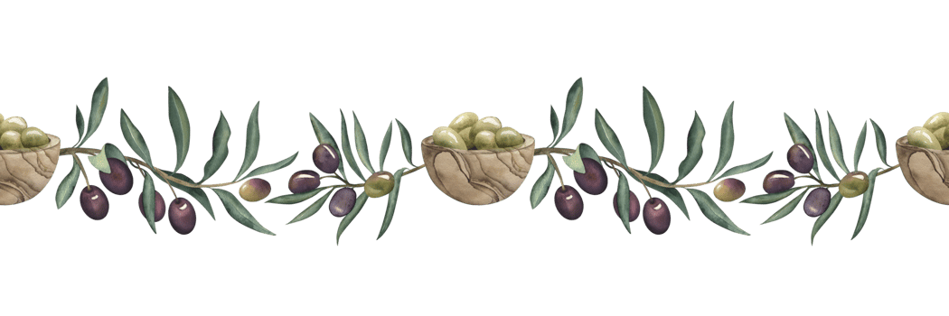 Seamless border with branches, green and purple fruits of the olive tree, with a wooden plate full of olives. The watercolor illustration is hand-drawn in a botanical style. For packaging, textiles png