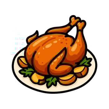 Cartoon Roasted Chicken with Potatoes and Greens on a Plate, Isolated on White Background vector