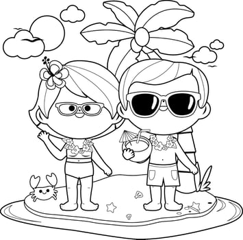 Senior couple on a summer island vacation. Elderly people relaxing at the beach near the sea. Black and white coloring page vector