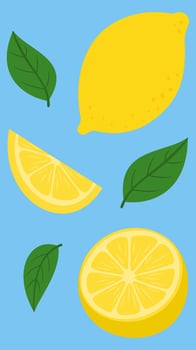 Hand-drawn illustration of Lemons with leaves - fresh, juicy yellow fruits in a cute and playful cartoon style on blue background vector